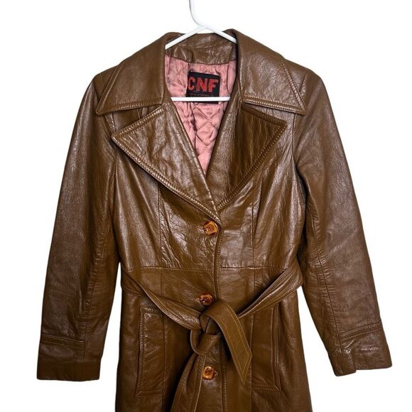 Vintage 70s Leather Wet Look Light Brown Trench Coat Womens - Picture 2 of 8